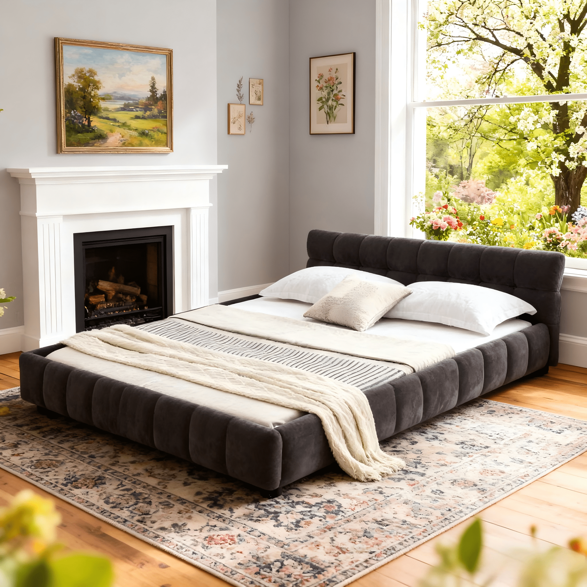 Gewnee Queen Upholstered Platform Bed, Thick Chenille, Sturdy Frame, Dark Gray, No Box Spring Needed，Suitable for Bedrooms