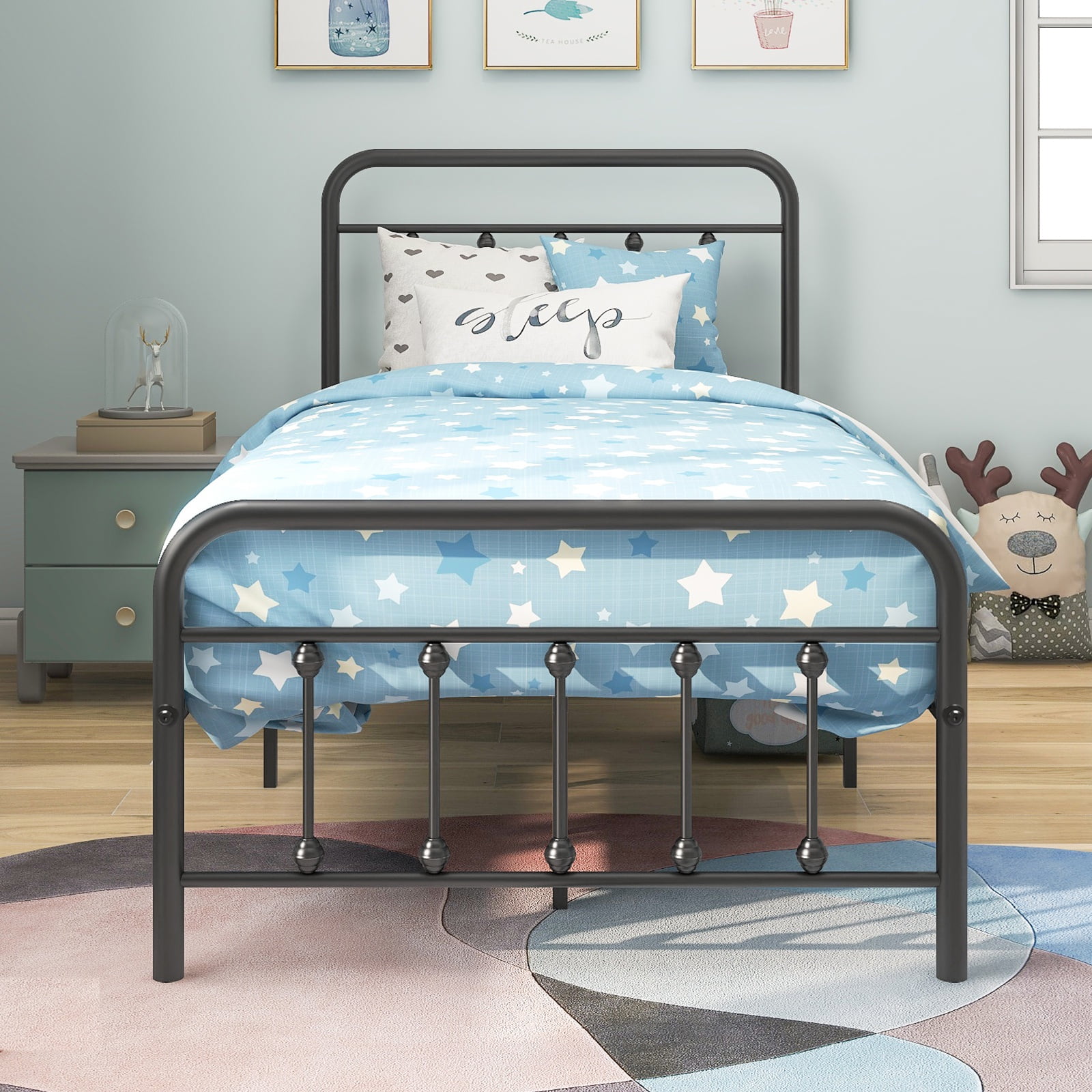 Gewnee Heavy Duty Twin Size Metal Platform Bed Frame with Headboard and Footboard,Black