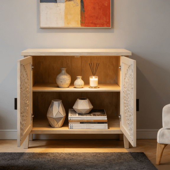 Gewnee Hollow-Carved 2-Door Accent Cabinet, Sideboard Buffet Storage Cabinet with Adjustable Shelf for Entryway, Living Room and Bedroom