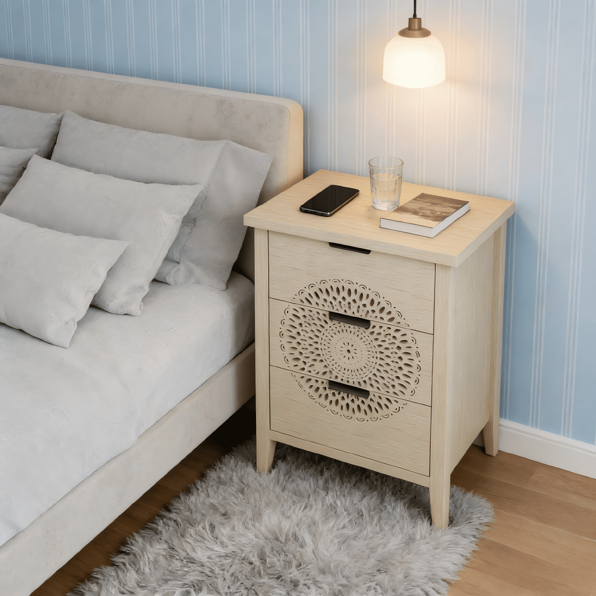 Gewnee Hollow-Carved 3 Drawer Cabinet Dresser Storage Chest with Metal Handles For Living Room Bedroom