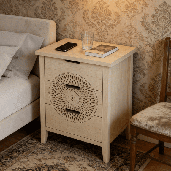 Gewnee Hollow-Carved 3-Drawer Storage Dresser Chest with Metal Handles, Modern Accent Furniture for Living Room & Bedroom