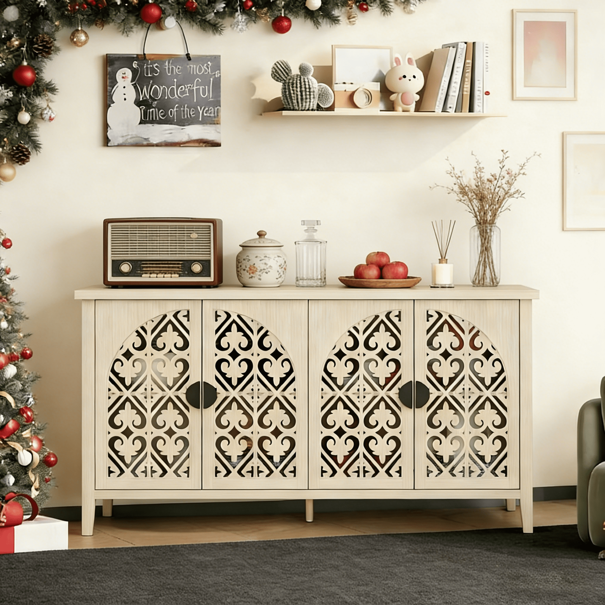 Gewnee Hollow-Design 4-Door Cabinet, Traditional American Furniture for Bedroom, Living Room and Study