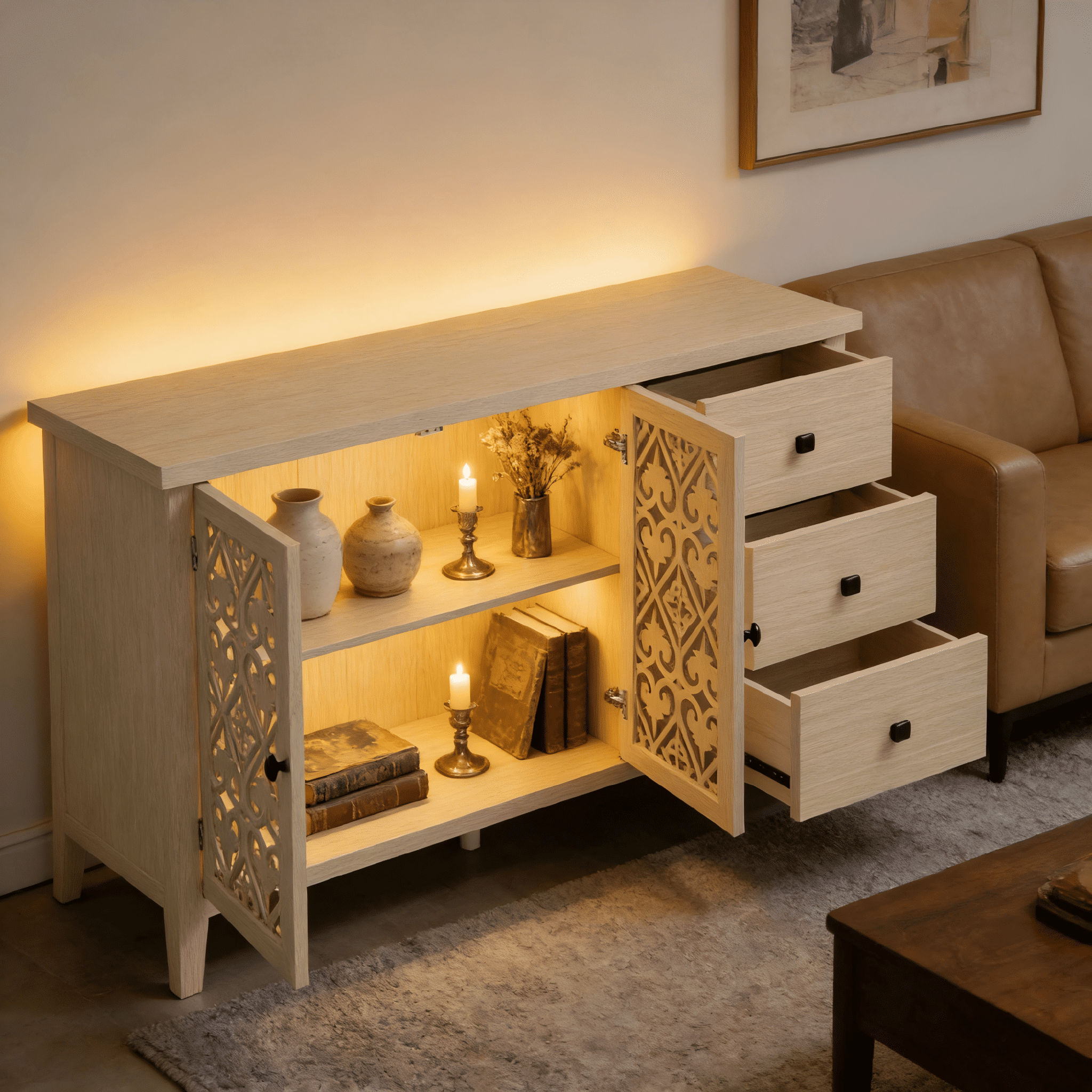 Gewnee Hollowed-out Cabinet with 2 Door 3 Drawers, American Furniture, Suitable for Bedroom, Living Room, Study