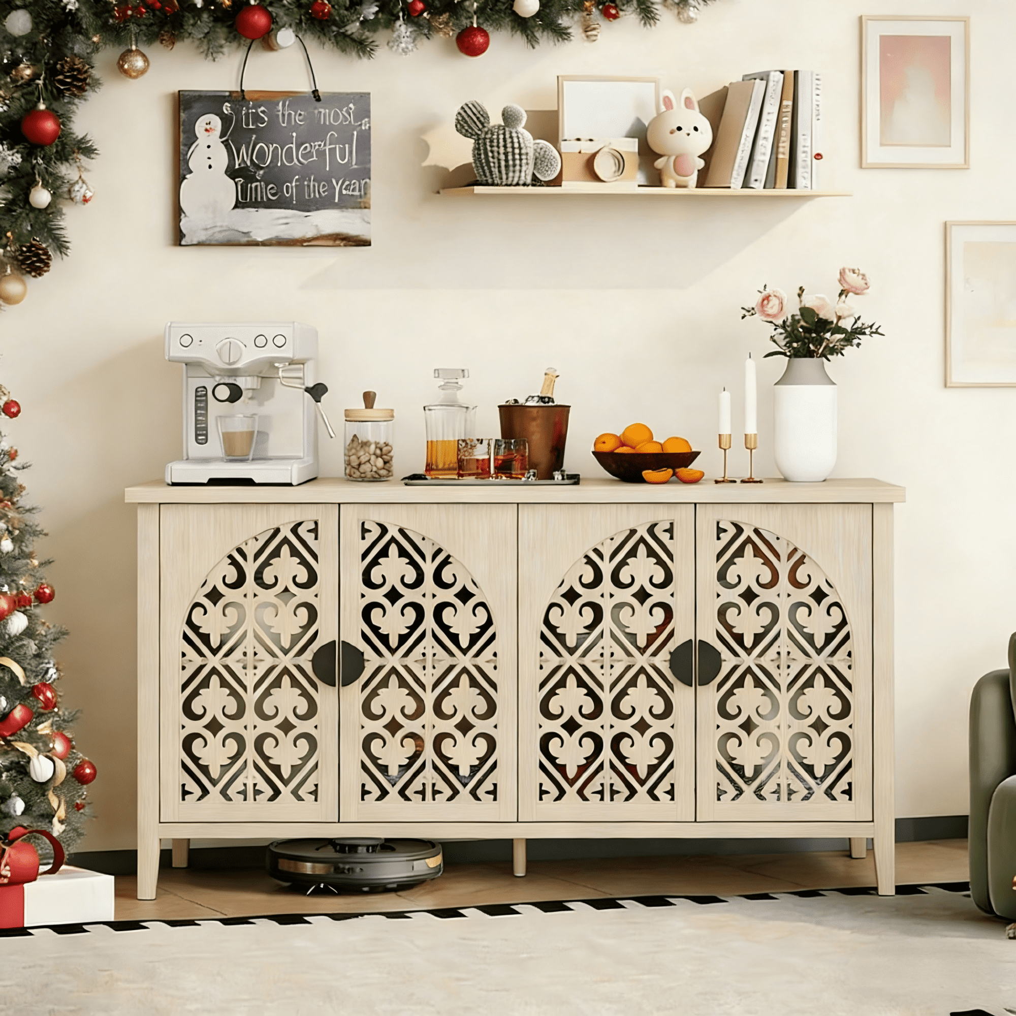 Gewnee Hollowed-out Cabinet with 4 Doors, American Furniture, Suitable for Bedroom, Living Room, Study