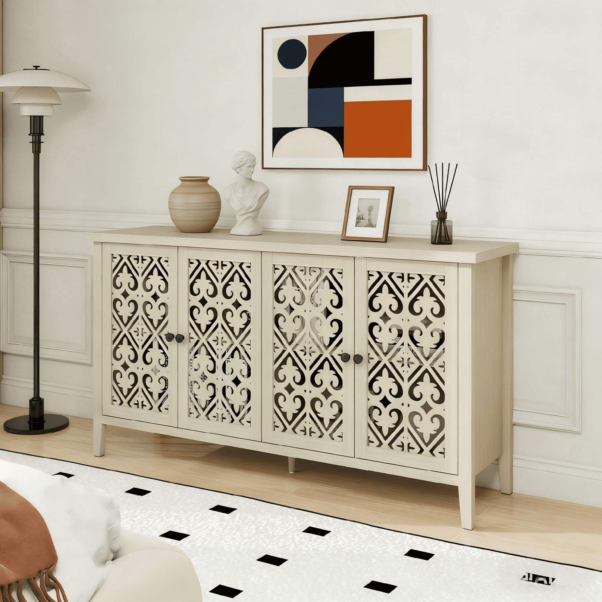 Gewnee Hollowed-out Cabinet with 4 Doors, American Furniture, Suitable for Bedroom, Living Room, Study