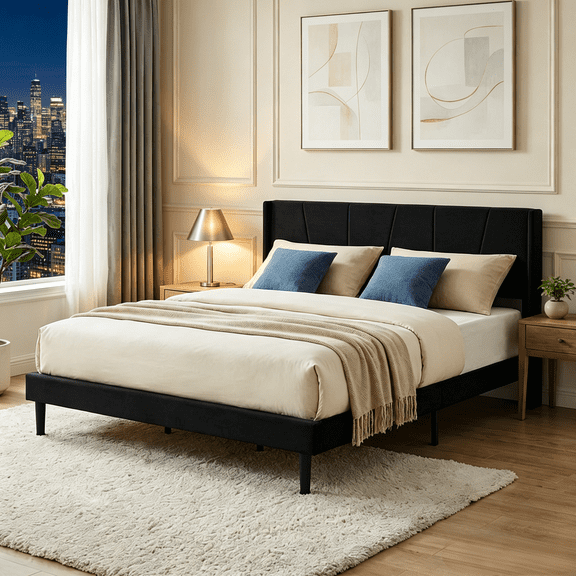 Gewnee King Size Bed Frame with Headboard,Velvet Upholstered Bed,Platform Bed Frame with Wood Slat Support & Under-Bed Clearance,No Box Spring Needed.Black