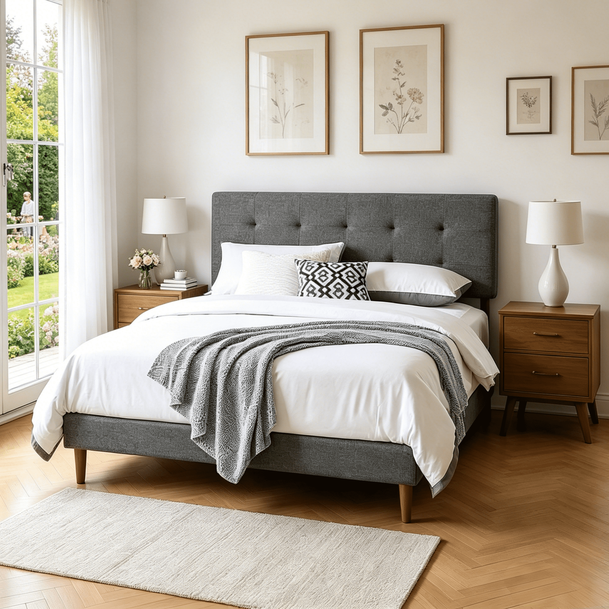 Gewnee King Size Bed Frame with Upholstered Adjustable Headboard,Linen Platform Bed with Wood Slats Support,No Box Spring Needed.Gray