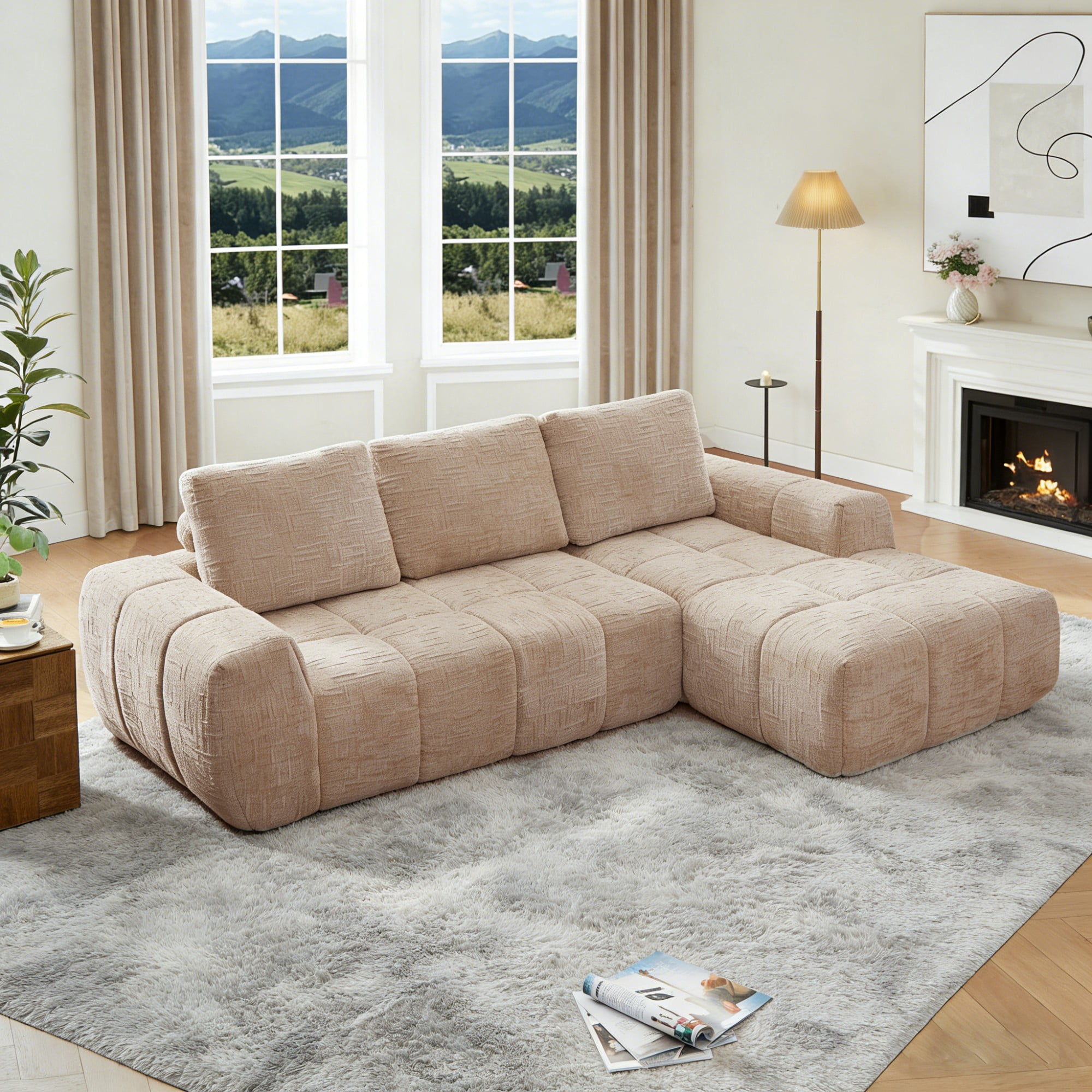 Gewnee Khaki L-Shaped Sectional Sofa, High-Quality Chenille Fabric with High-Density Sponge, for Living Room