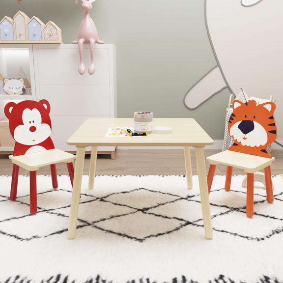 Gewnee Kids 3 Piece Table Chair Set,Wooden Activity Play Table Set with Cute Backrest,Natural