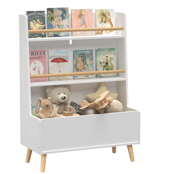 Gewnee Kids Bookshelf and Toy Storage Wooden Bookcase with Wood Legs,White for Child