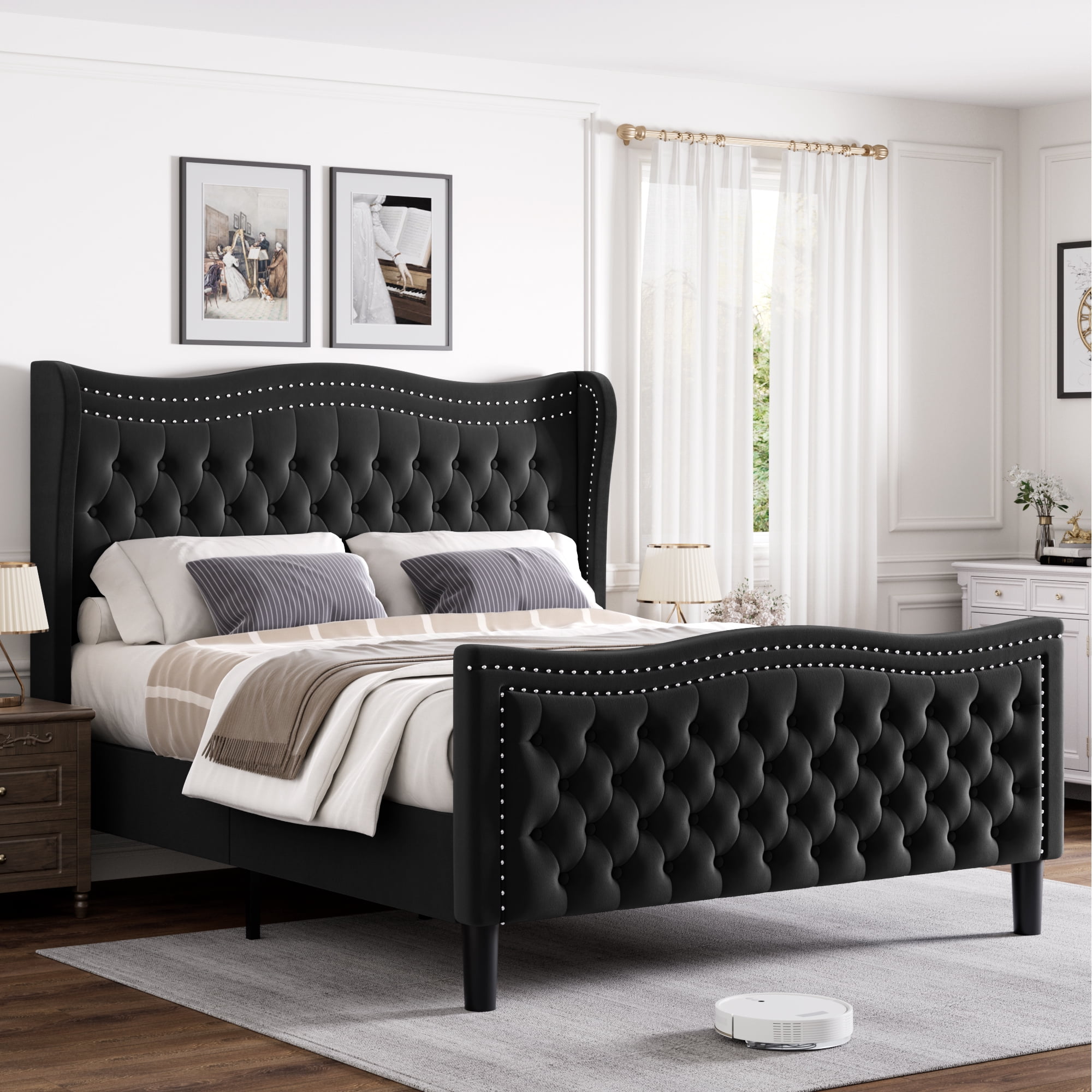 Gewnee King Bed Frame with 52'' Tall Headboard Velvet Upholstered Bed Frame,Double Nail & Wingback Design Platform Bed Frame.Black
