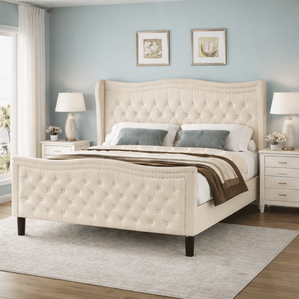 Gewnee King Bed Frame with 52" Tall Headboard Velvet Upholstered Wingback & Rivet Decor Platform Bed Frame, Beige