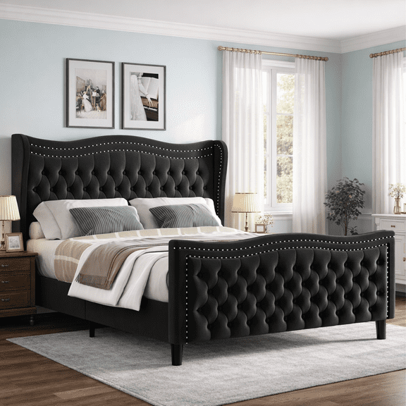 Gewnee King Bed Frame with 52" Tall Headboard Velvet Upholstered Wingback & Rivet Decor Platform Bed Frame,Black