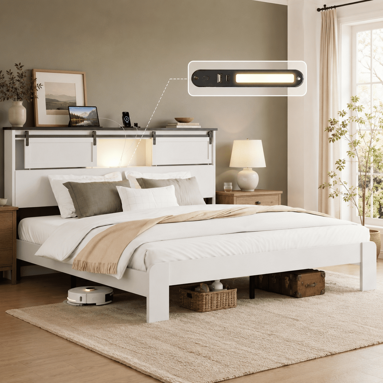Gewnee King Metal Bed Frame with Storage Headboard, 2 USB Ports, No Box Spring Needed for Bedroom, White