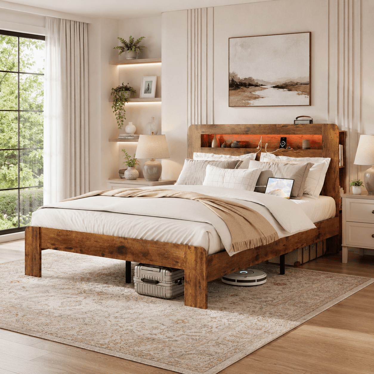 Gewnee King Size Platform Bed Frame with Storage Headboard, Charging Station, Wood Slats, No Box Spring Needed, Dark Brown