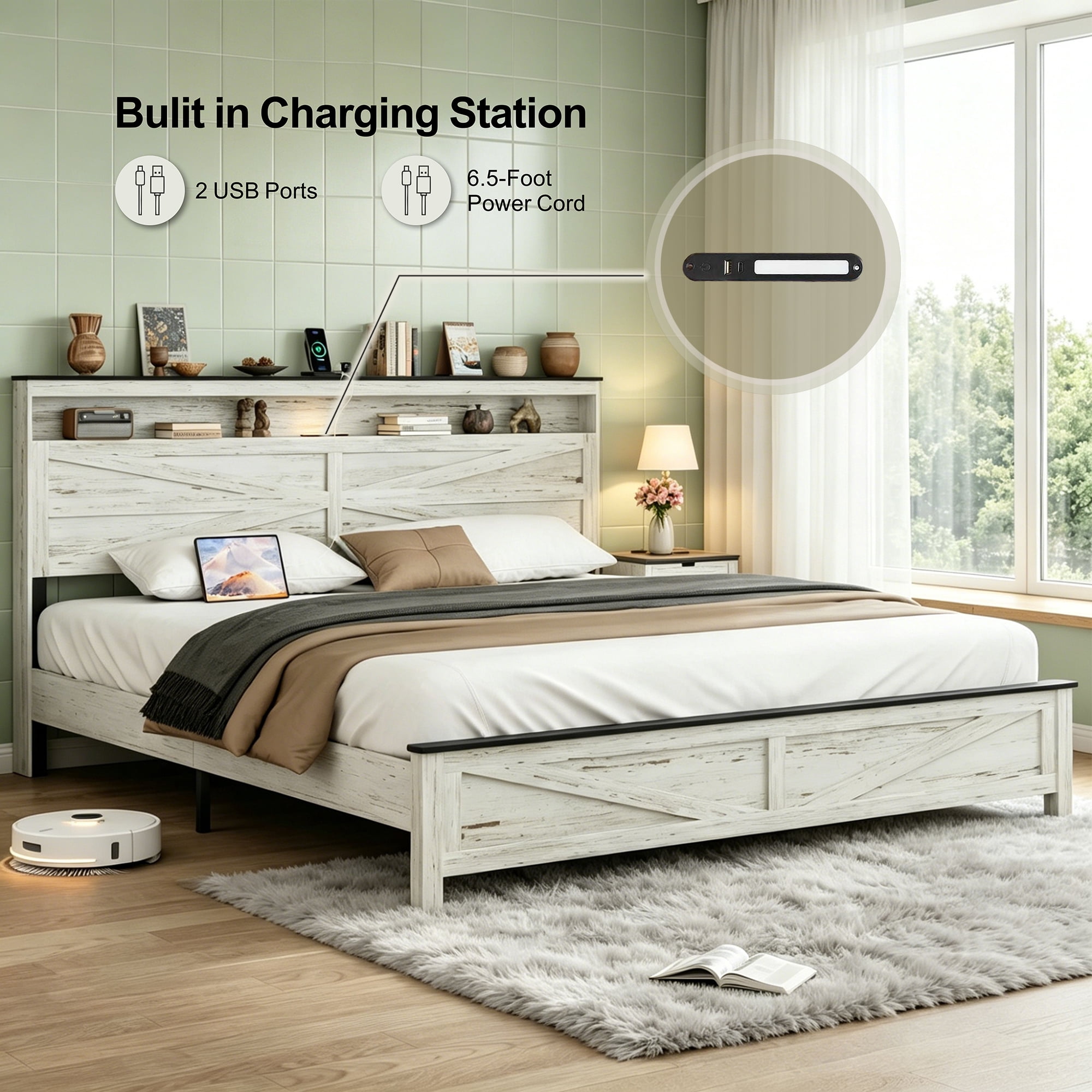 Gewnee King Size Bed Frame with Charging Station – 2 USB & 1 Type-C Ports,LED Light Headboard,Hidden Under-Bed Storage,No Box Spring Required,Antique White+Gray.