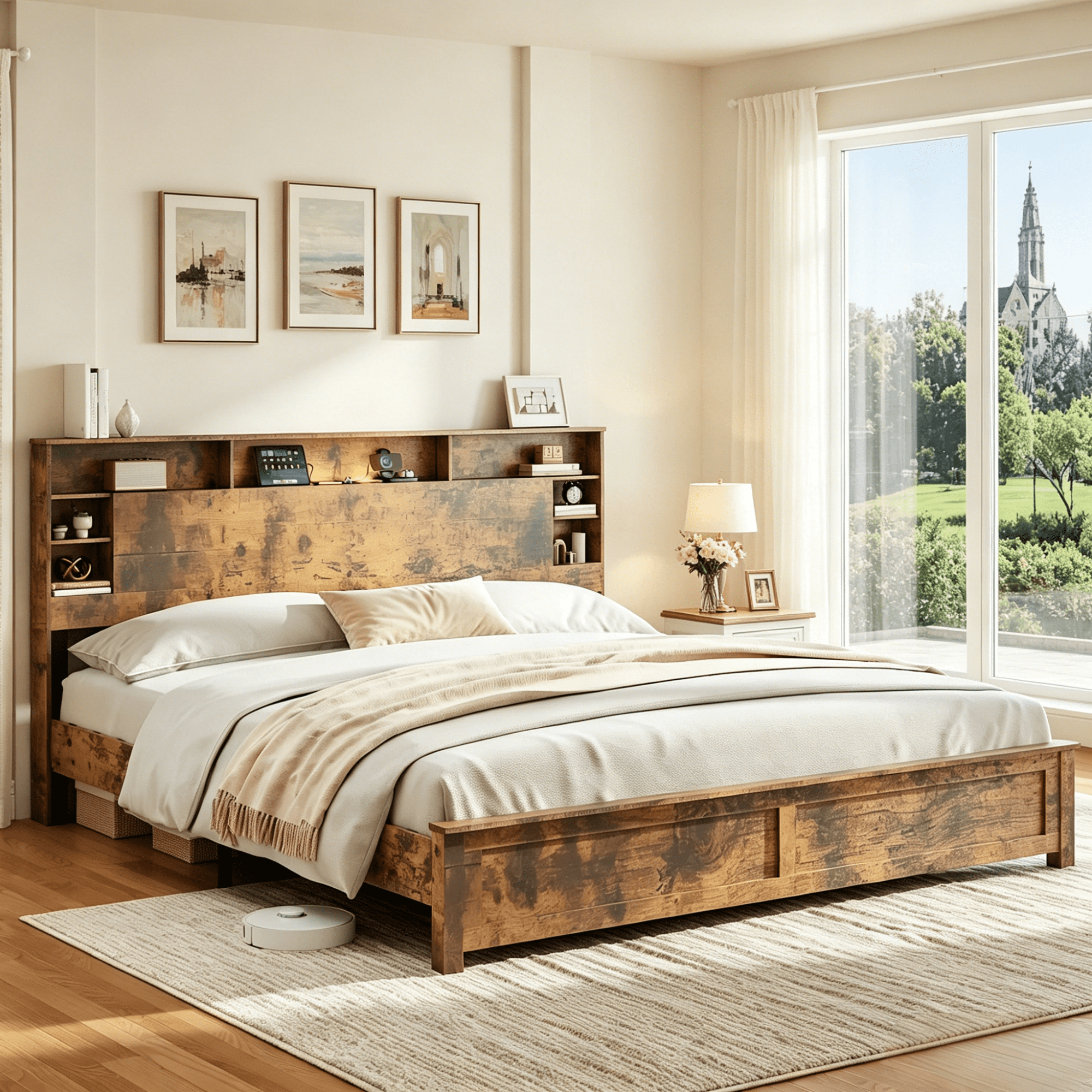 Gewnee King Size Bed Frame with Storage Headboard – Built-in Charging Station (USB & Outlets),LED Ambient Lights,Bookcase Shelf,Wood Platform,No Box Spring Needed,Dark Brown