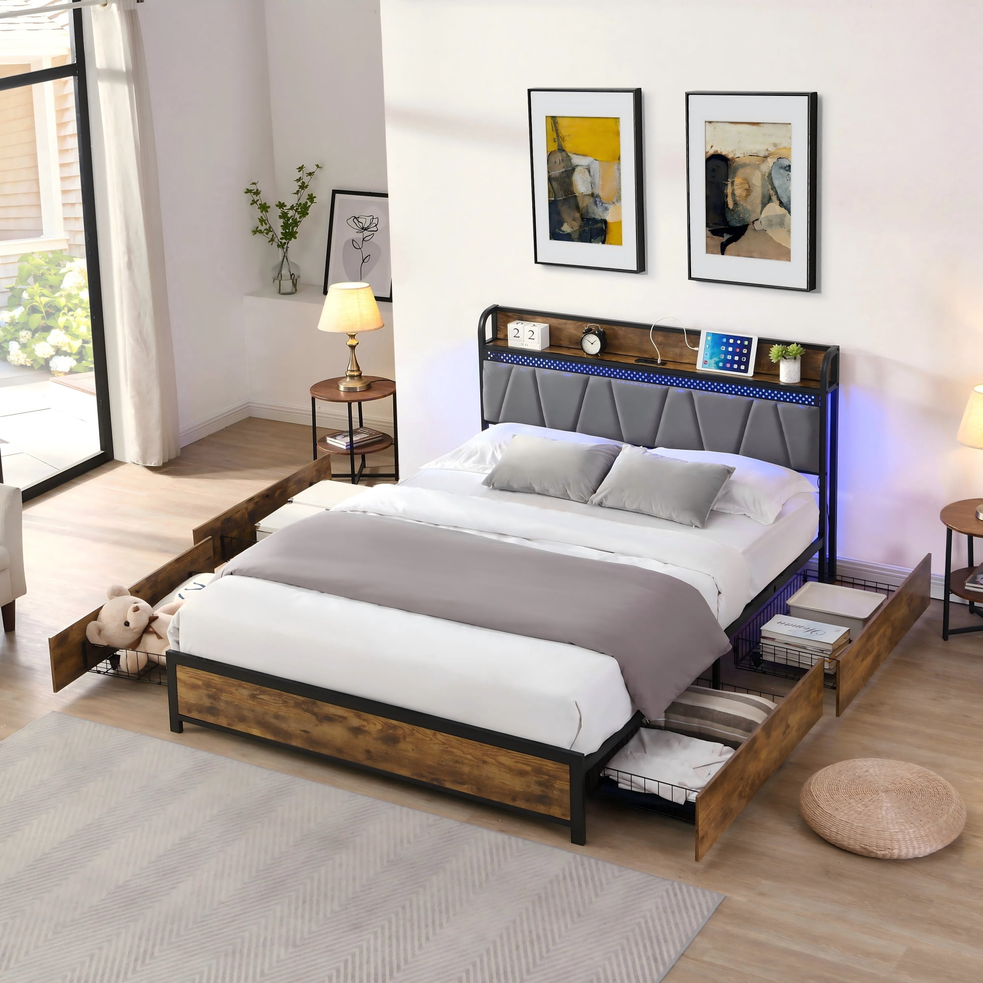 Gewnee King Size Bed Frame, Storage Upholstered Headboard with Charging Station and 4 Storage Drawers,LED Lights , Brown and and Gray