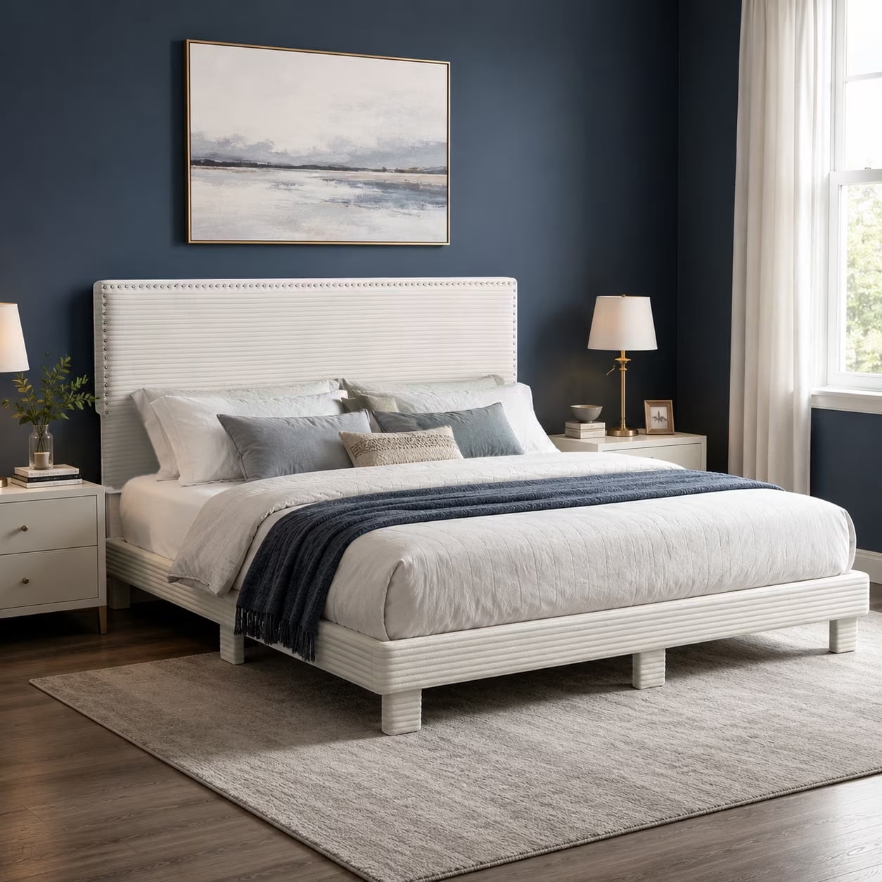Gewnee King Size Bed Frame with Oversized Adjustable Height Corduroy Headboard, Copper Nailhead Trim, Beige, No Box Spring Needed