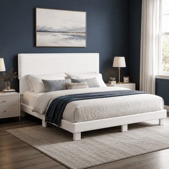 Gewnee King Size Bed Frame with Oversized Adjustable Height Corduroy Headboard, Copper Nailhead Trim, Beige, No Box Spring Needed
