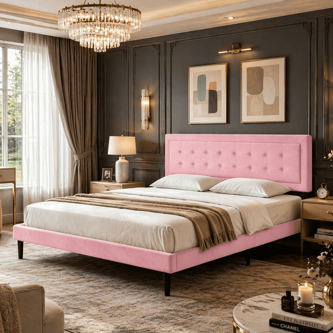 Gewnee King Size Bed Frame with Sturdy Wood Slats & Center Leg,No Box Spring Needed,Upholstered Headboard,High Under-Bed Clearance.Pink