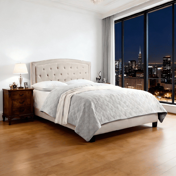 Gewnee King Size Beige Linen Upholstered Bed Frame, Solid Wood Slat Support & Sturdy Structure, Ideal for Bedroom, Box Spring Required