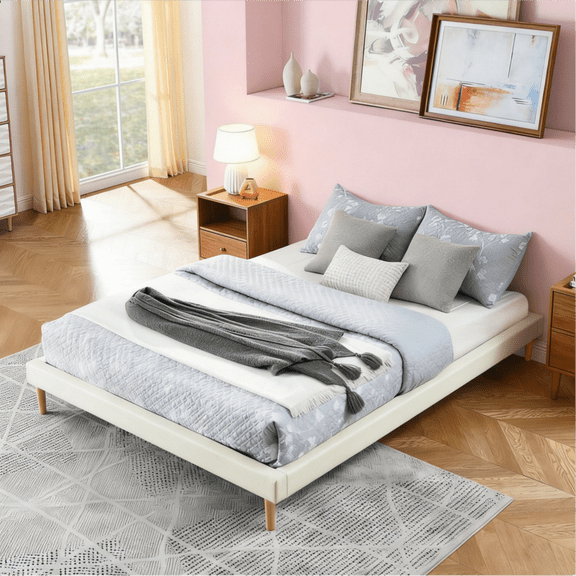 Gewnee King Size Faux Leather Platform Bed Frame,No Box Spring Needed,Solid Wood Center Support,White