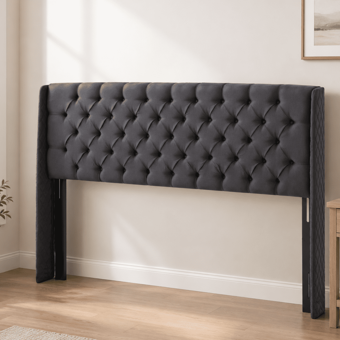 Gewnee King Size Headboard, Linen Upholstered Button Tufted Wingback, Adjustable Height for Bedroom, Dark Gray