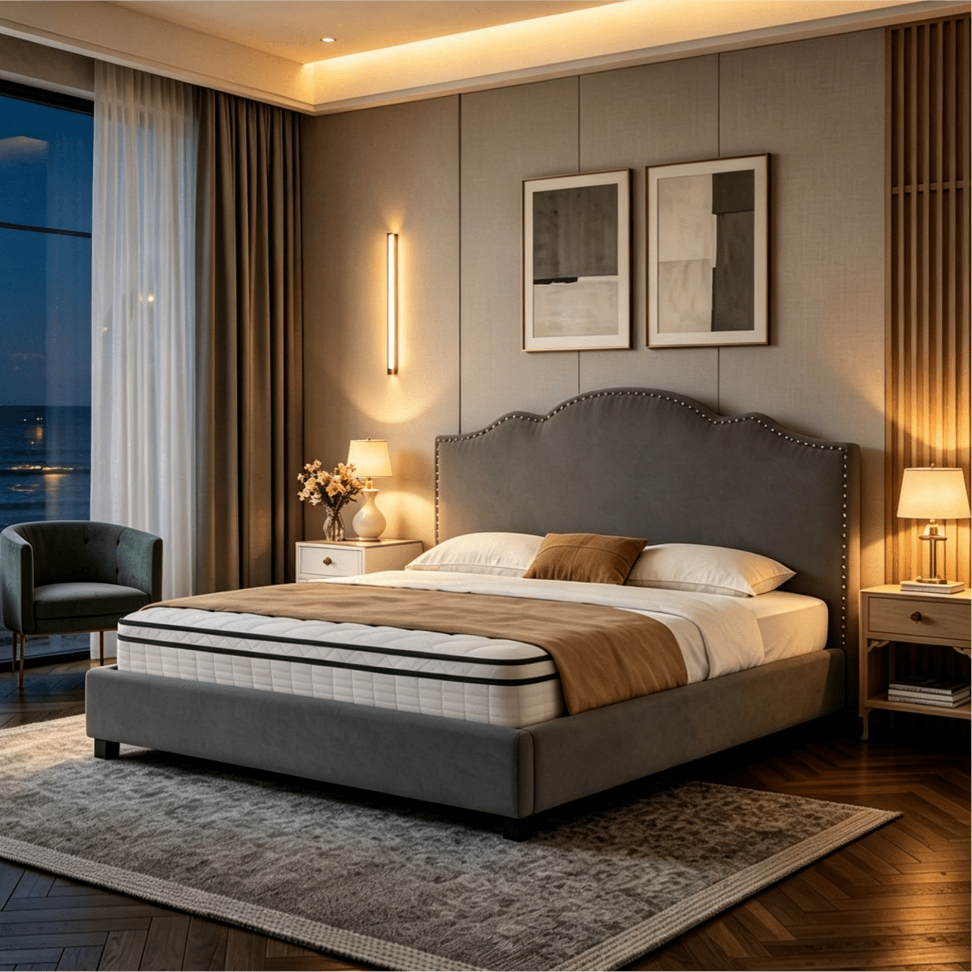 Gewnee King Bed Frame with 55"High Upholstered Headboard,Platform Bed Frame with Nail-Head Trim,No Box Spring Required,Modern Design for Bedroom,Dark Grey