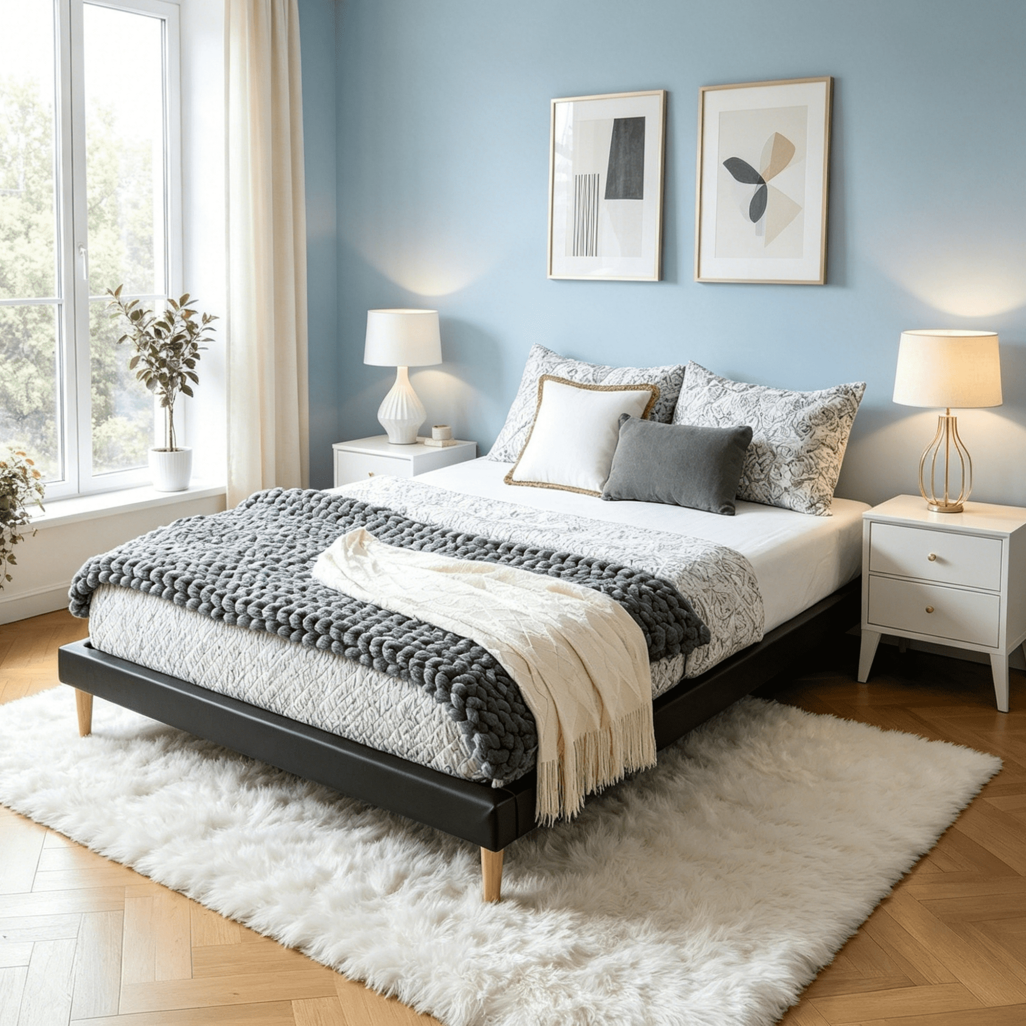 Gewnee King Size Platform Bed Frame, Faux Leather Upholstered, Center Support, No Box Spring Needed, Comfortable Bedroom Bed (Black)