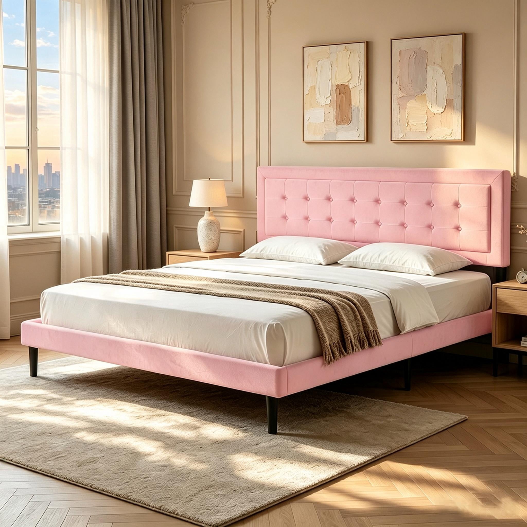 Gewnee King Size Platform Bed Frame, Pink Velvet Square Tufted Upholstered Headboard, Wood Slat Support, 600 Lbs Capacity, Under Bed Clearance for Robot Vacuum, Easy Assembly Bedroom Furniture