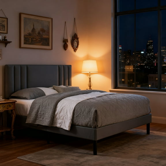 Gewnee King Size Platform Bed Frame with Adjustable Upholstered Headboard - Sturdy Wood Slats Support, Breathable Linen Upholstery, No Box Spring Required.