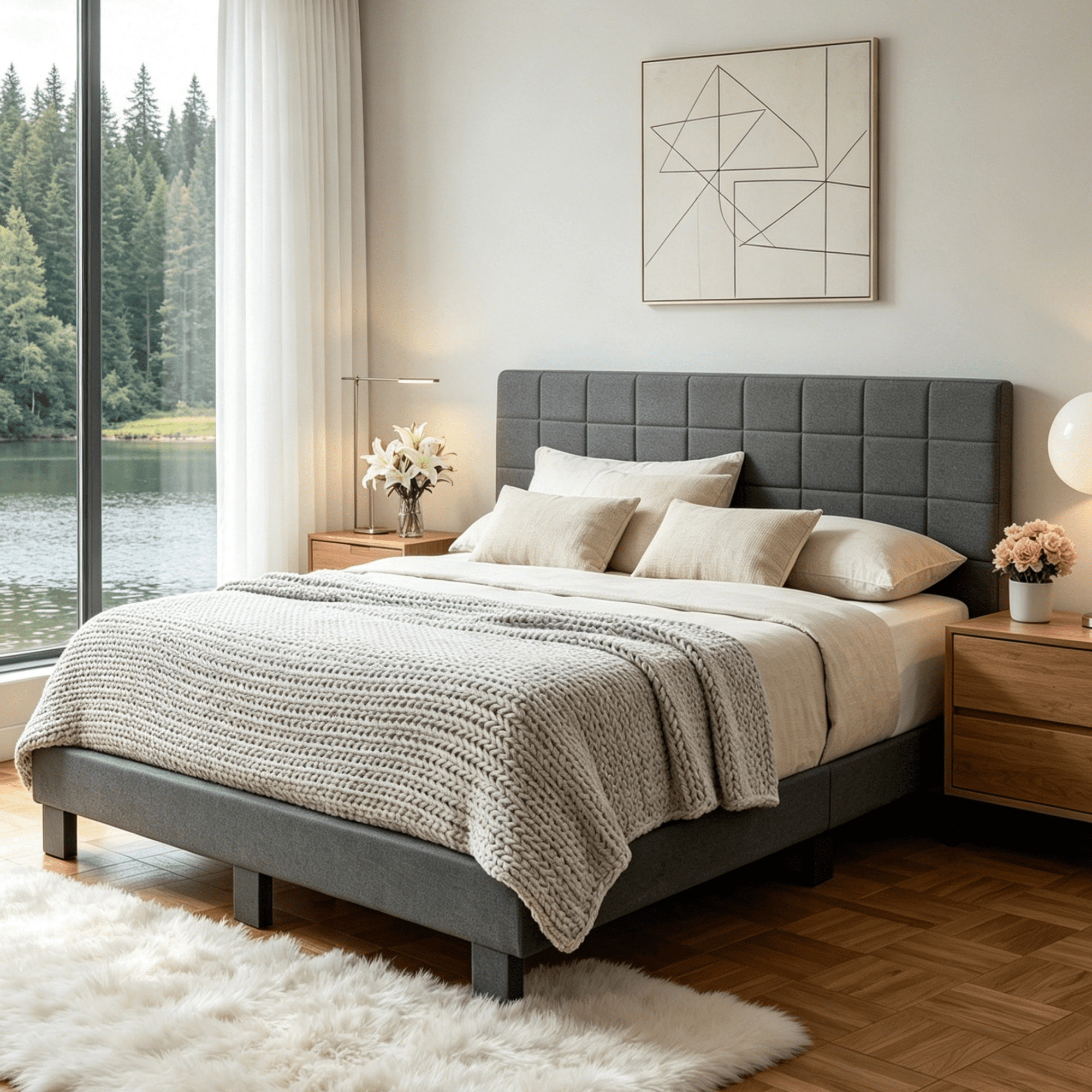 Gewnee King Size Platform Bed Frame with Upholstered Square Tufted Headboard,Wood Slats & Center Support Leg,Sturdy Wood Frame,No Box Spring Required.Dark Grey