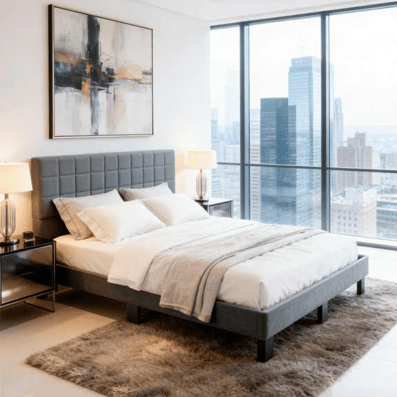 Gewnee King Size Platform Bed Frame with Upholstered Square Tufted Headboard,Wood Slats & Center Support Leg,Sturdy Wood Frame,No Box Spring Required.Dark Grey