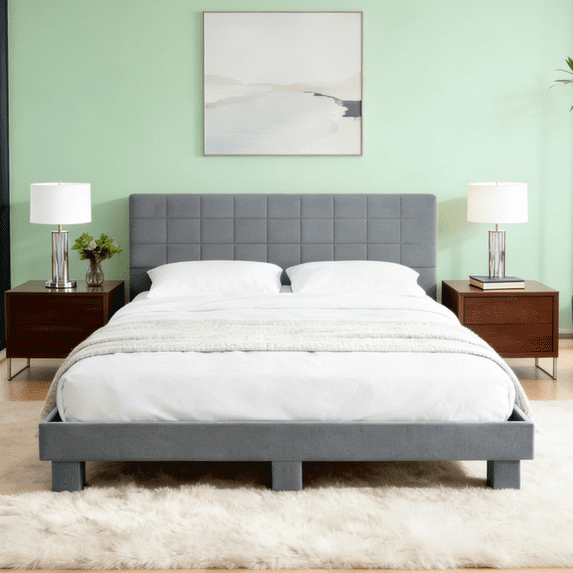 Gewnee King Size Platform Bed Frame with Upholstered Square Tufted Headboard,Wood Slats & Center Support Leg,Sturdy Wood Frame,No Box Spring Required.Light Grey