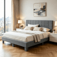 thumbnail image 1 of Gewnee King Size Platform Bed Frame with Upholstered Square Tufted Headboard,Wood Slats & Center Support Leg,Sturdy Wood Frame,No Box Spring Required.Light Grey, 1 of 14