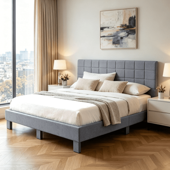 Gewnee King Size Platform Bed Frame with Upholstered Square Tufted Headboard,Wood Slats & Center Support Leg,Sturdy Wood Frame,No Box Spring Required.Light Grey