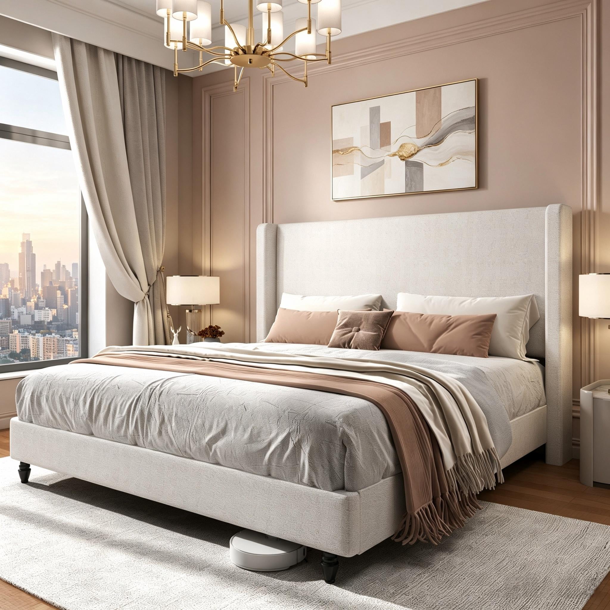 Gewnee King Size Platform Bed Frame with Upholstered Wingback Headboard, Solid Wood Legs, Wooden Slats & Sturdy Metal Support, Noise‑Free, No Box Spring Needed, Modern Bedroom Furniture, Beige
