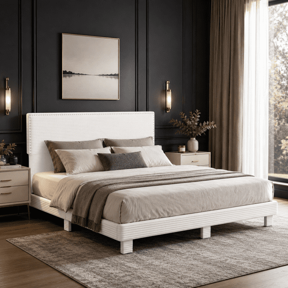 Gewnee King Size Platform Bed Frame with Corduroy Upholstered Headboard, Wood Slats, No Box Spring Needed, Beige