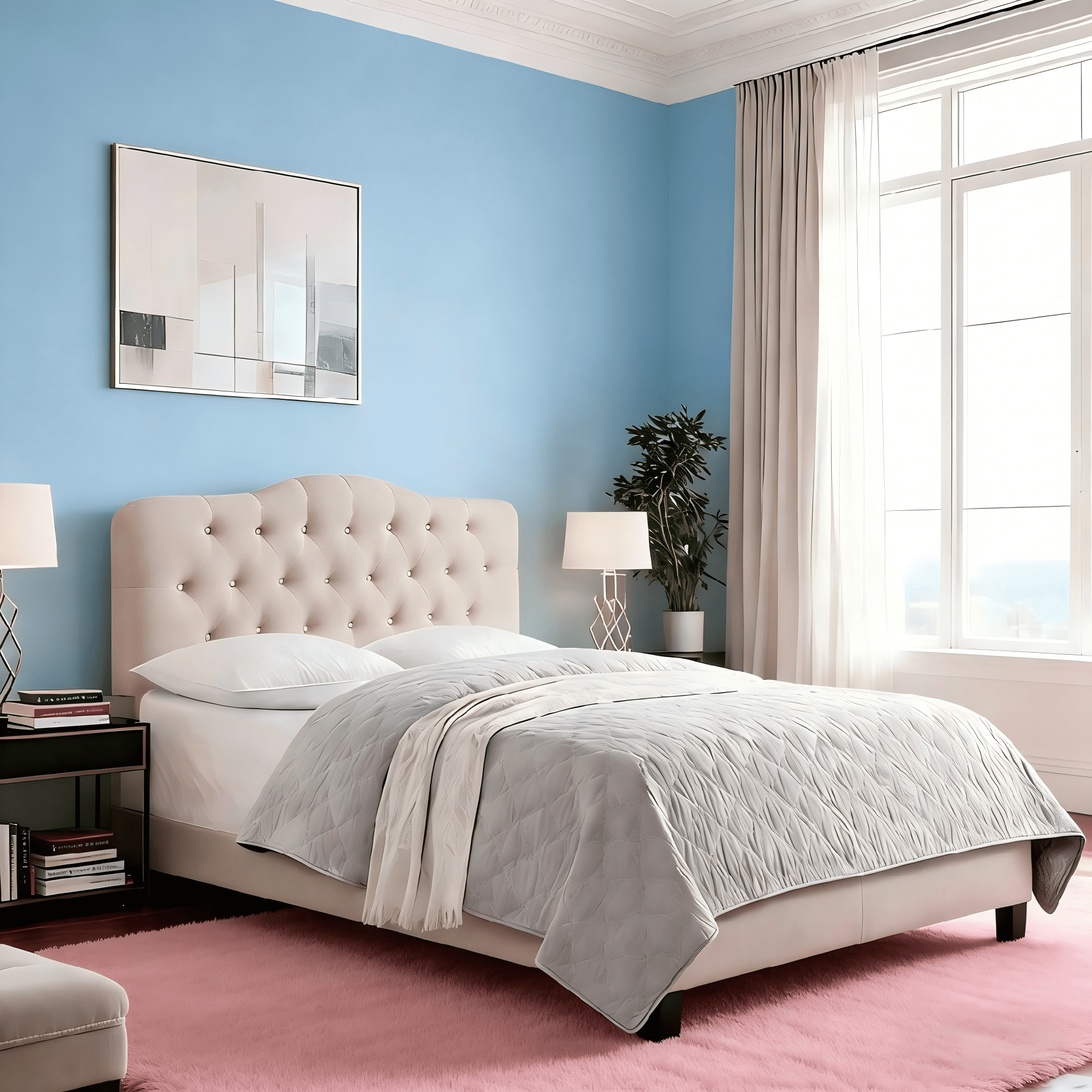 Gewnee King Size Platform Bed Frame with Linen Padded Headboard, Solid Wood Slat Support, Sturdy Structure, Box Spring Required, Beige