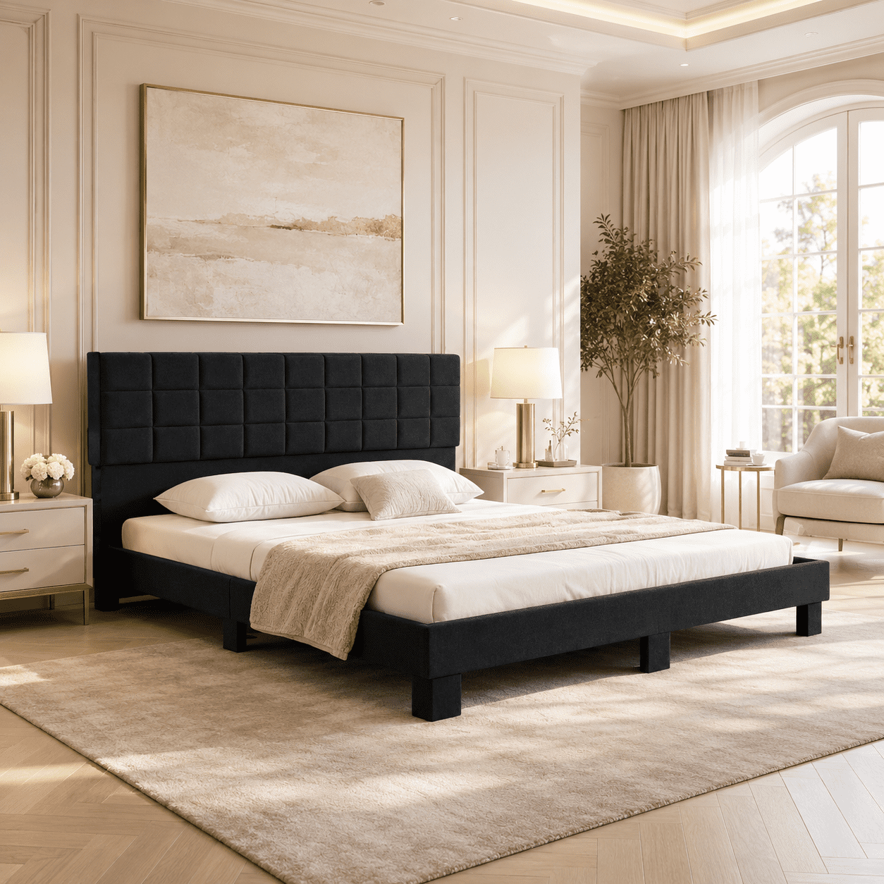 Gewnee King Size Platform Bed Frame with Linen Upholstered Headboard, Wood Slats, No Box Spring Needed, Black