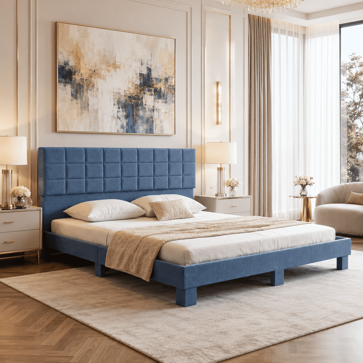 Gewnee King Size Platform Bed Frame with Linen Upholstered Headboard, Wood Slats, No Box Spring Needed, Blue
