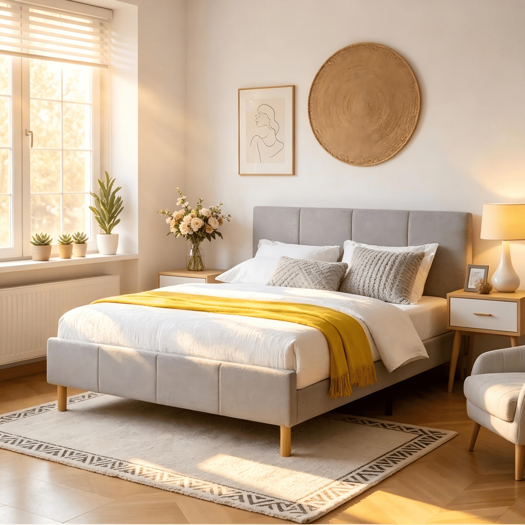 Gewnee King Size Platform Bed Frame with Teddy Velvet Padded Headboard, Solid Wood Slat Support for Bedroom Use, Grey, No Box Spring Required