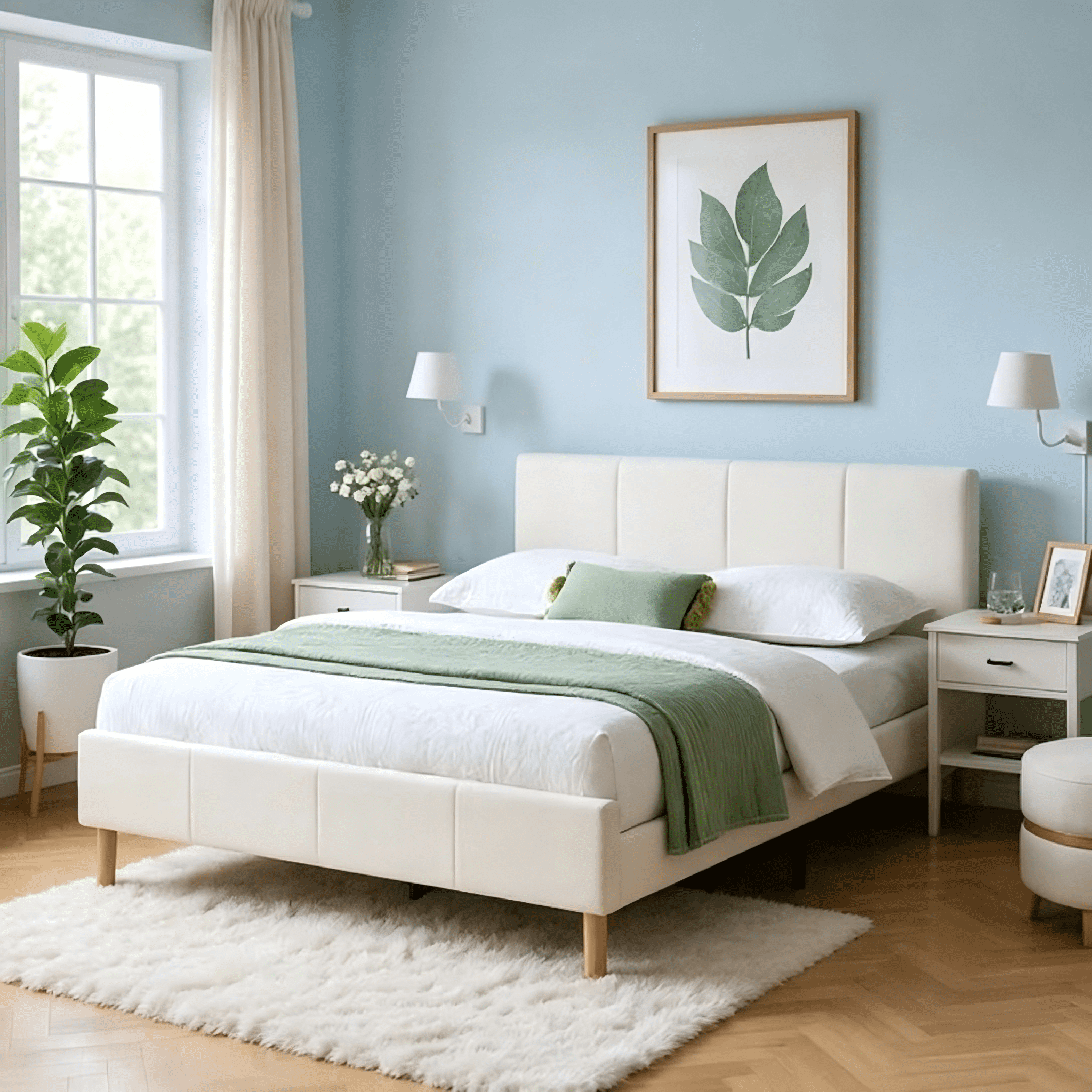 Gewnee King Size Platform Bed Frame with Teddy Velvet Padded Headboard, Solid Wood Slat Support for Bedroom Use, White, No Box Spring Required