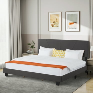 Gewnee King Size Platform Bed Frame with Upholstered Headboard, Mattress Foundation with Strong Wooden Slats Support Easy Assembly