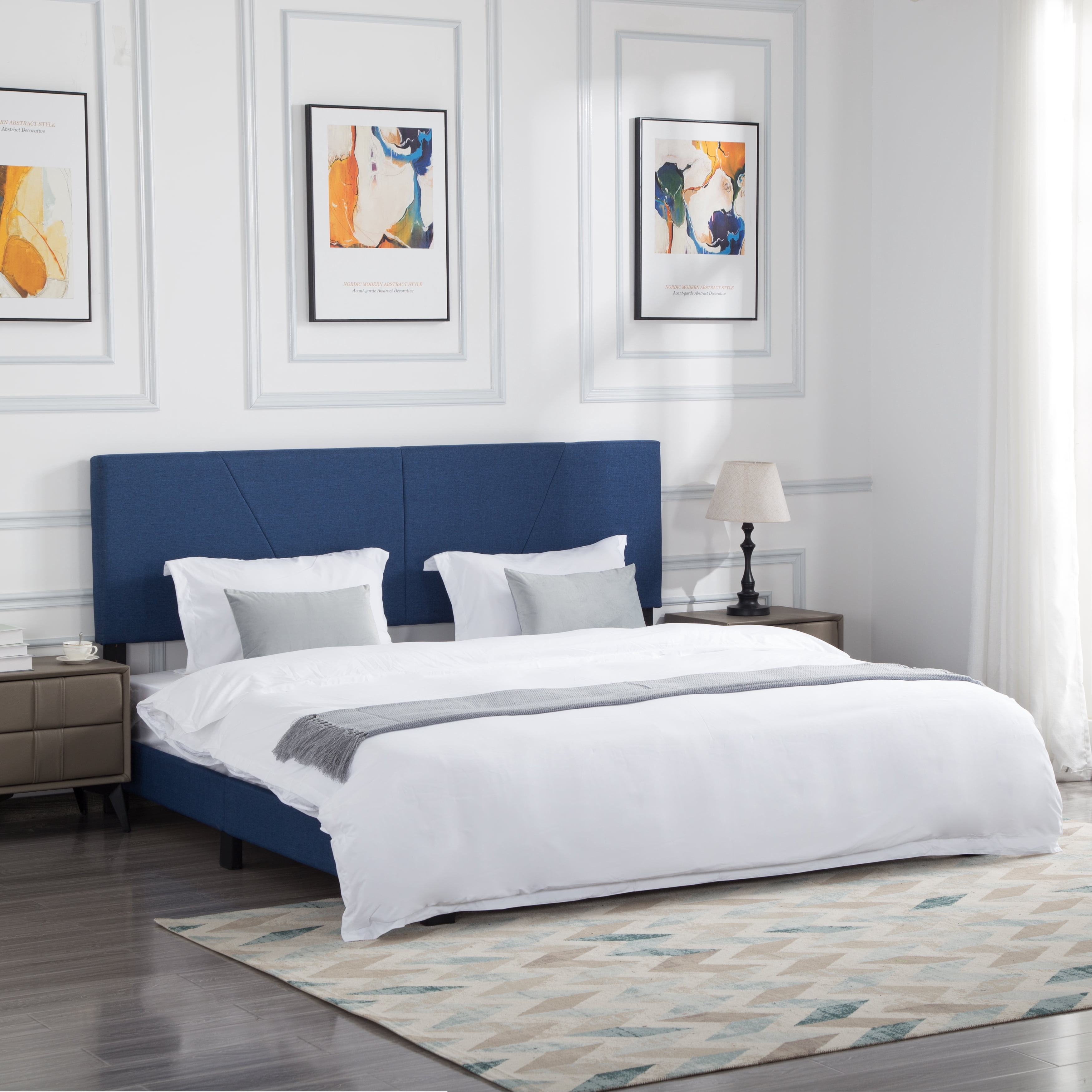 Gewnee King Size Platform Bed Frame with Upholstered Headboard, Mattress Foundation with Strong Wooden Slats Support Easy Assembly.Navy Blue