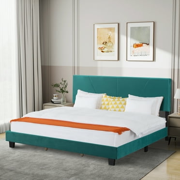 Gewnee King Size Platform Bed Frame with Upholstered Headboard, Mattress Foundation with Strong Wooden Slats Support Easy Assembly