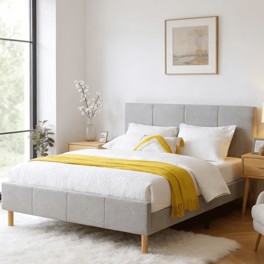 Gewnee King Size Platform Bed Frame with Upholstered Headboard,Sturdy Wood Slats & Center Support,No Box Spring Needed,Easy Assembly,Gray