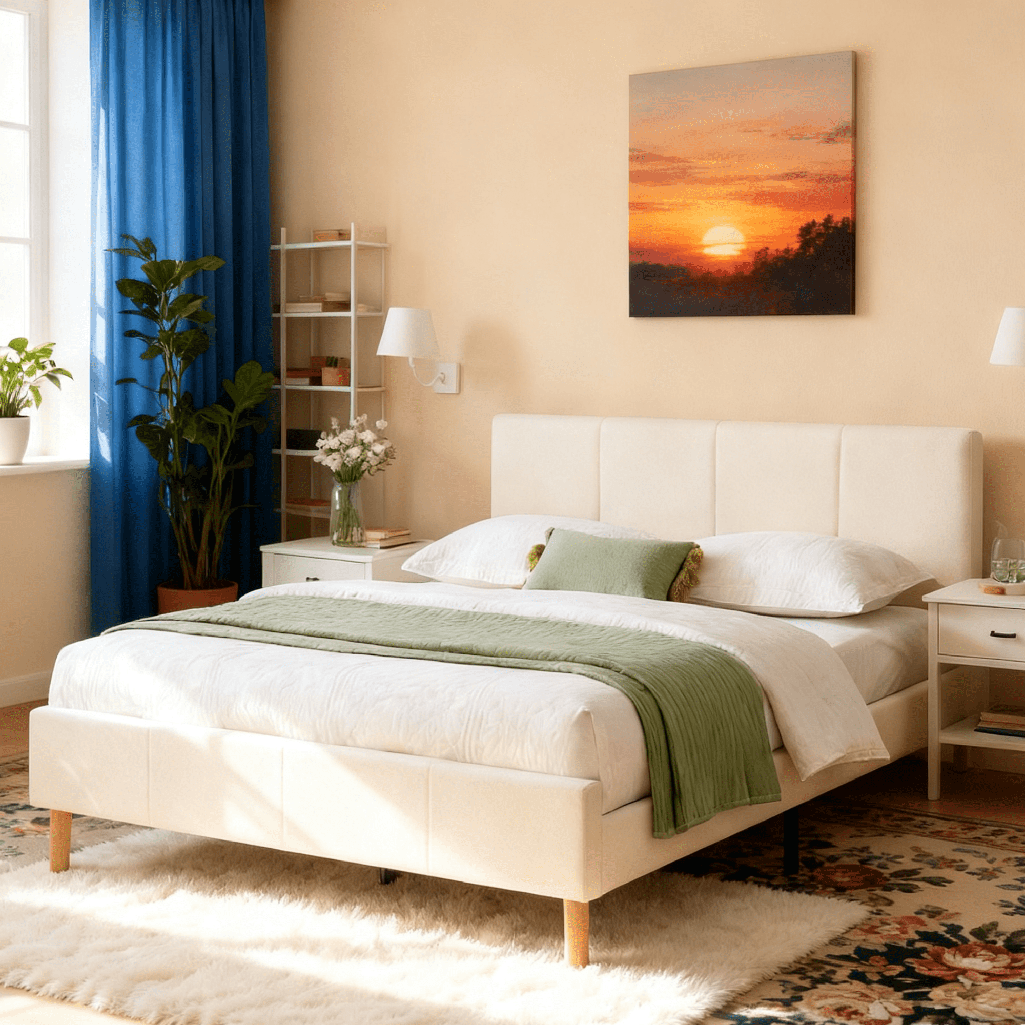 Gewnee King Size Platform Bed Frame with Upholstered Headboard,Sturdy Wood Slats & Center Support,No Box Spring Needed,Easy Assembly,White