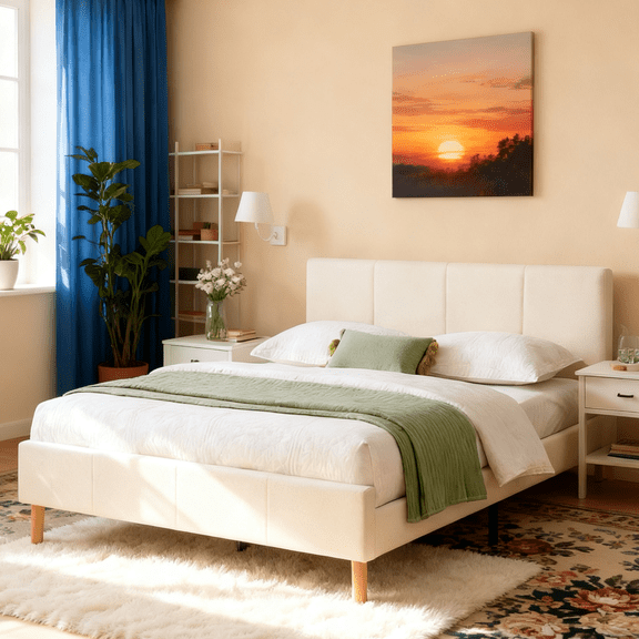 Gewnee King Size Platform Bed Frame with Upholstered Headboard,Sturdy Wood Slats & Center Support,No Box Spring Needed,Easy Assembly,White